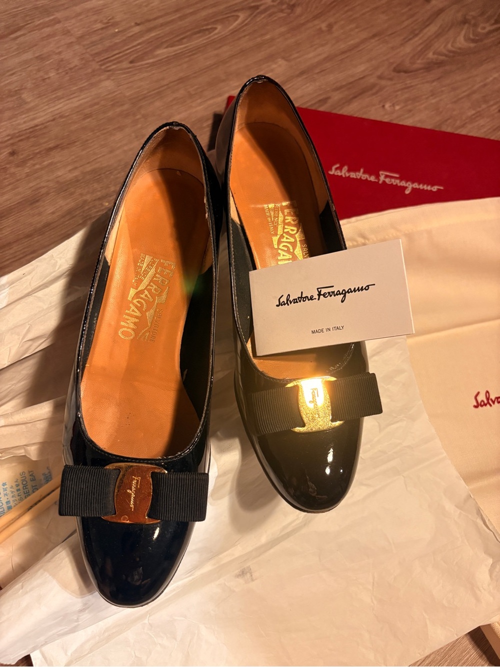 Salvatore Ferragamo Black Patent Vara Bow Pumps